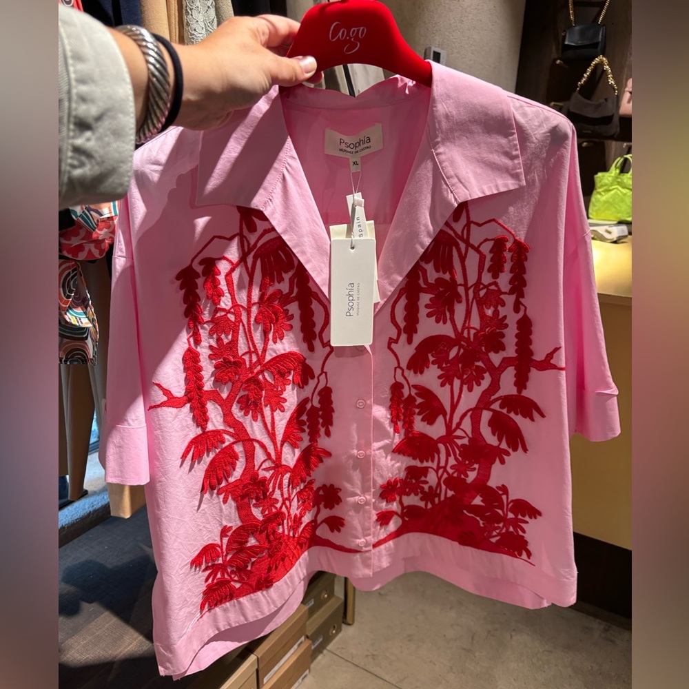 PSOPHIA Pink cotton short sleeve shirt with red embroidered flowers size XL - Picture 6 of 6